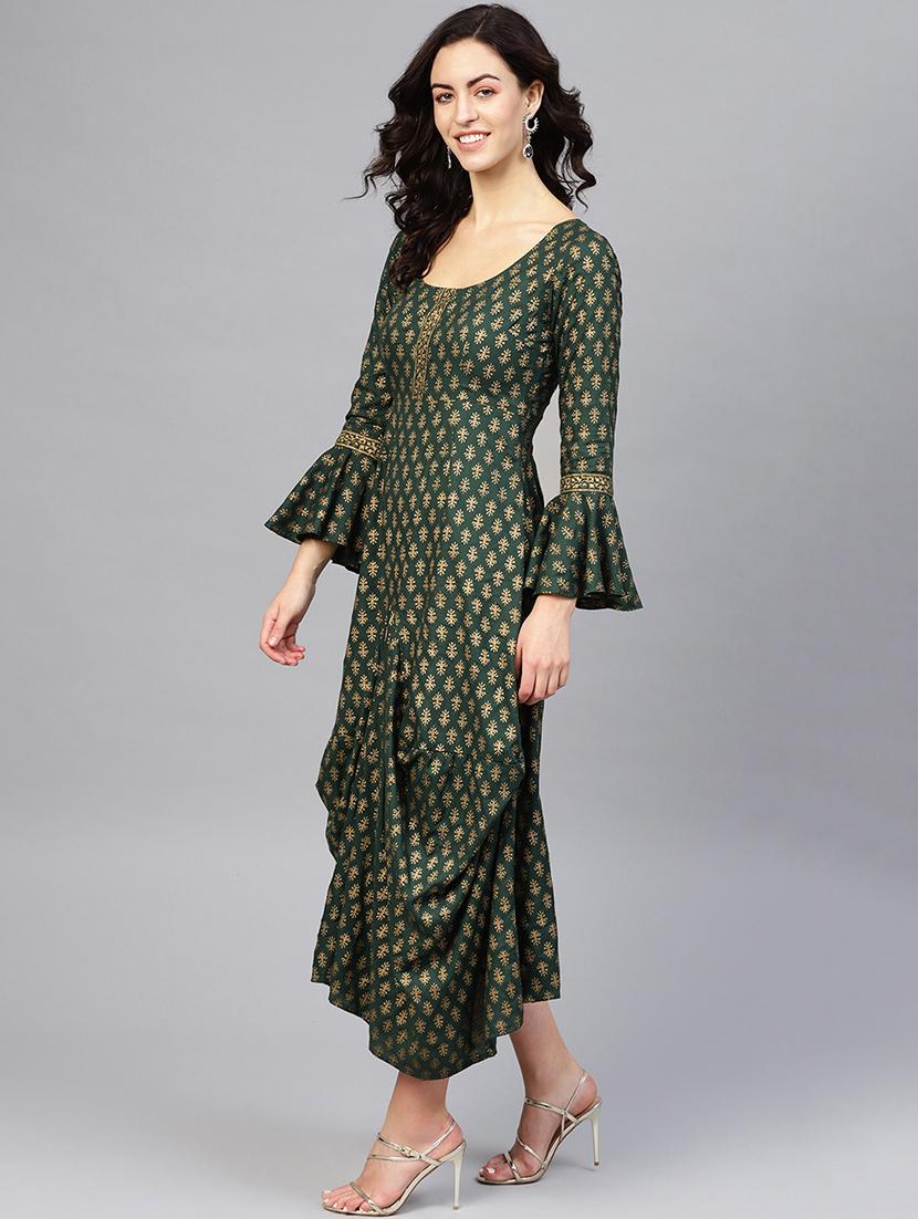 bell sleeved block print asymmetric dress - 16694719 - Zoom Image - 2