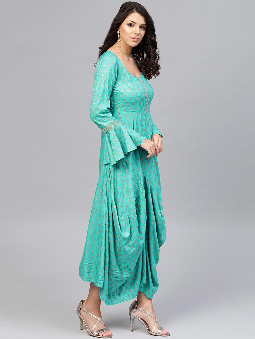 bell sleeved block print asymmetric dress - 16694720 - Zoom Image - 2