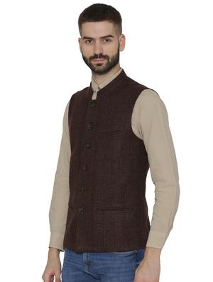 brown checkered nehru jacket - 16699623 - Standard Image - 2
