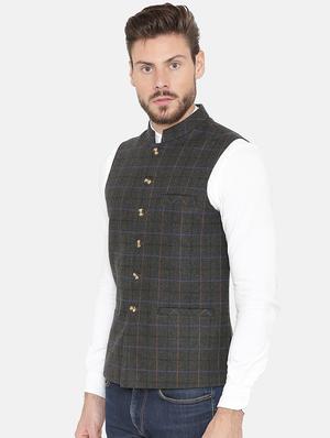 grey checkered nehru jacket - 16699633 - Standard Image - 2