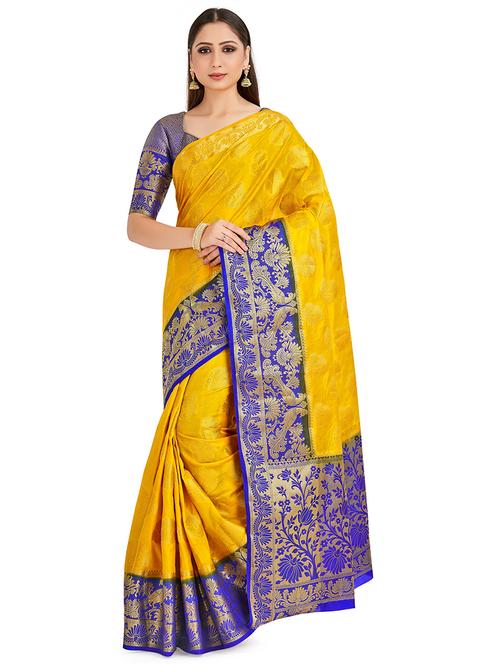 contrast bordered kanjivaram saree with blouse - 16699825 - Standard Image - 1