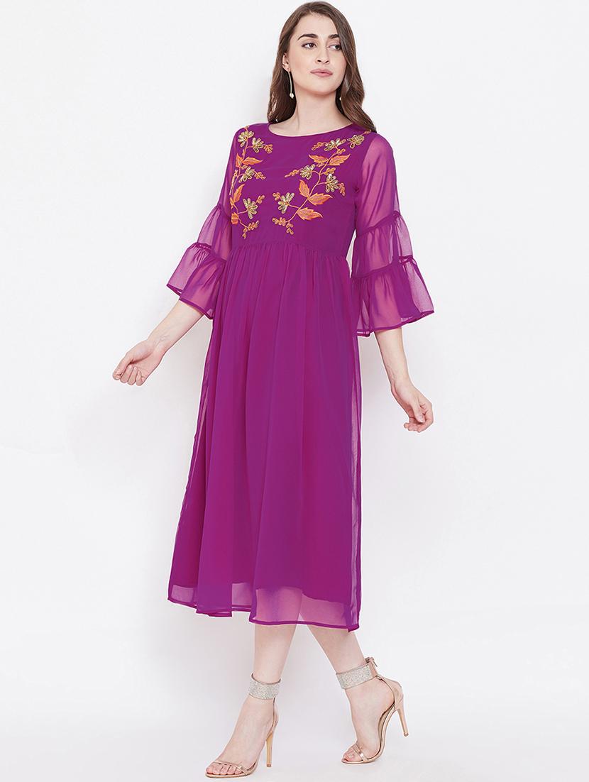 bell sleeved embroidered a-line dress - 16700248 - Zoom Image - 2