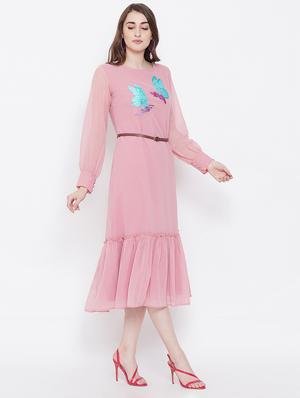 gathered hem embroidered a-line dress with belt - 16700250 - Standard Image - 2
