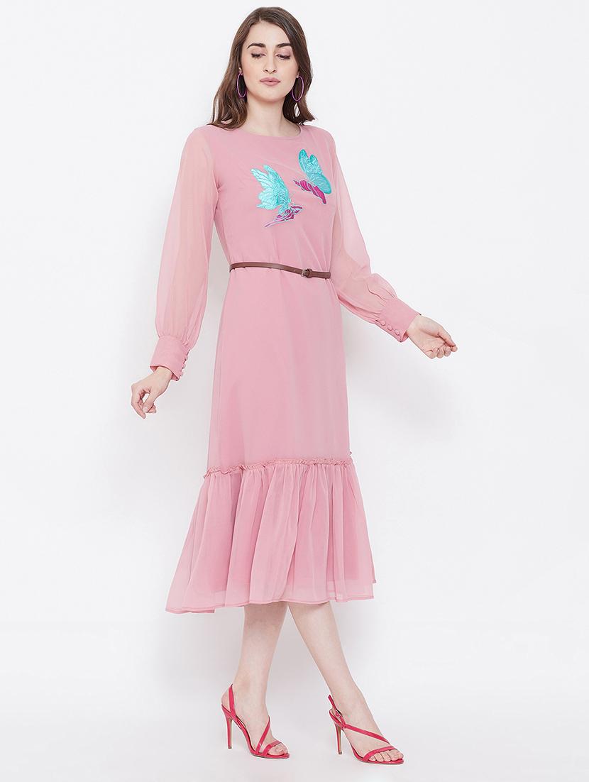 gathered hem embroidered a-line dress with belt - 16700250 - Zoom Image - 2