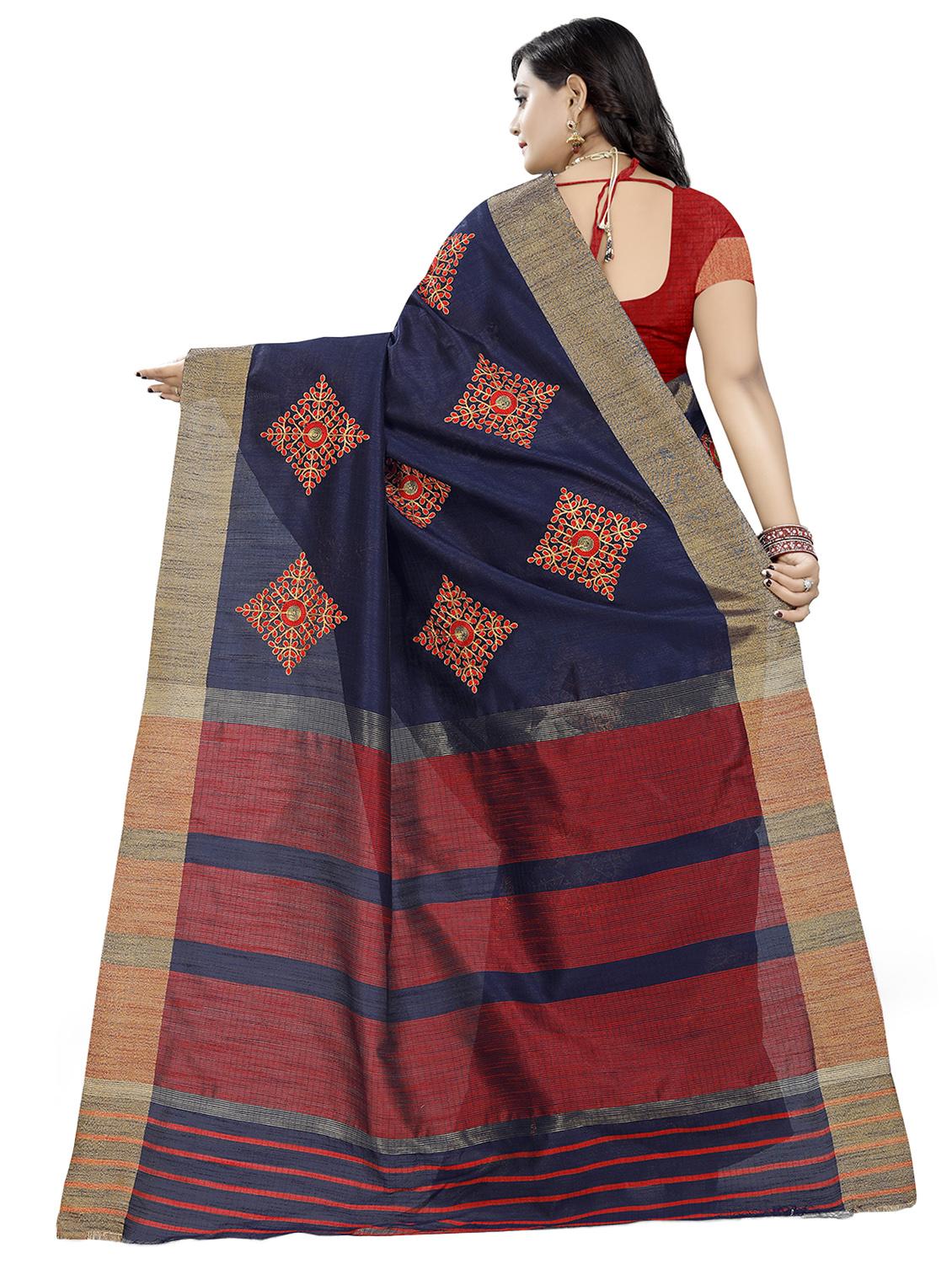 blue cotton embroidered saree with blouse - 16700686 - Zoom Image - 2