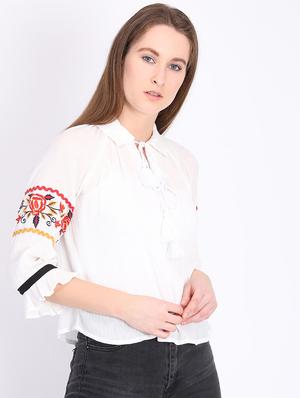 tie up neck embroidered detail top - 16701420 - Standard Image - 2