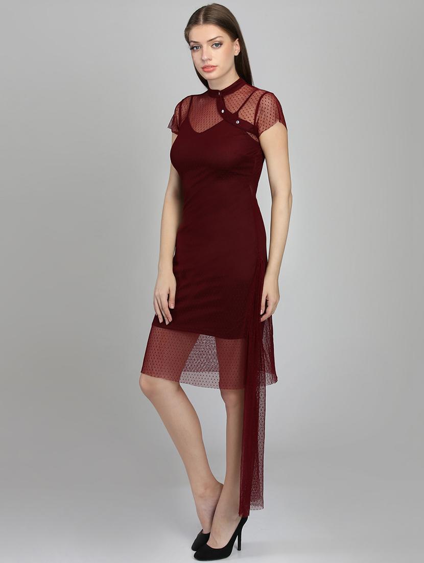 mandarin neck dobby asymmetric bodycon dress - 16701987 - Zoom Image - 2