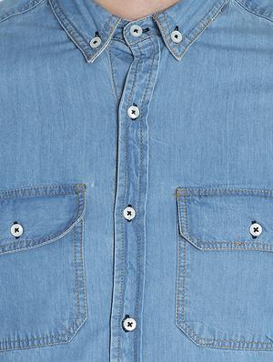 blue solid denim casual shirt - 16702012 - Standard Image - 5