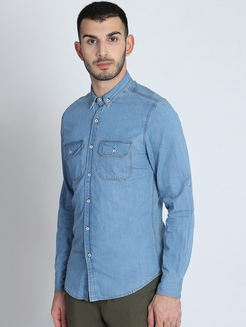 blue solid denim casual shirt - 16702012 - Zoom Image - 2