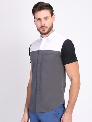 grey color block casual shirt - 16702125 - Standard Image - 2