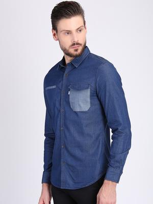 blue solid denim casual shirt - 16702183 - Standard Image - 2