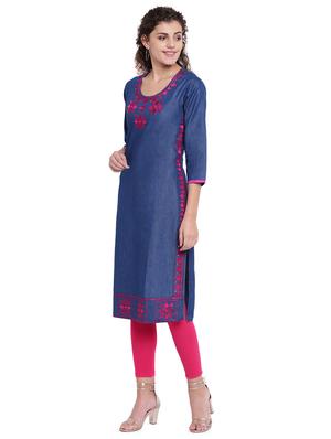 embroidered denim straight kurta - 16702755 - Standard Image - 2