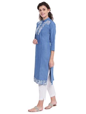 embroidered denim straight kurta - 16702756 - Standard Image - 2