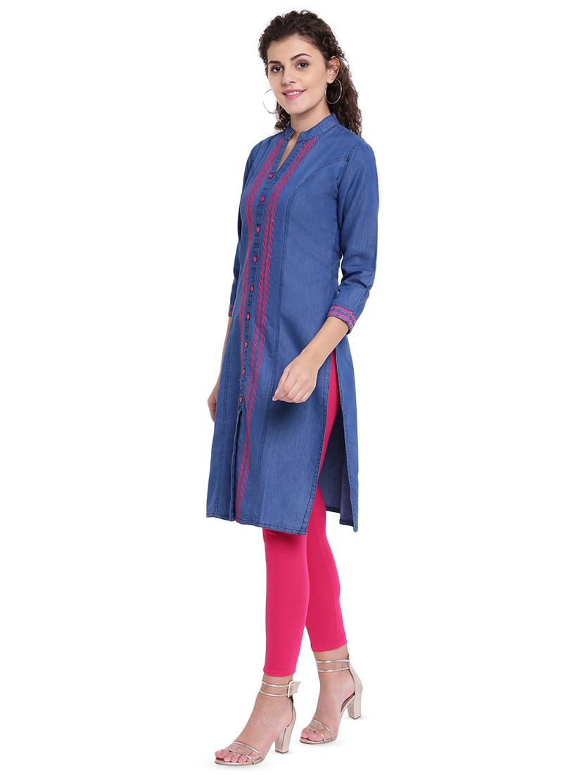 embroidered denim straight kurta - 16702757 - Zoom Image - 2