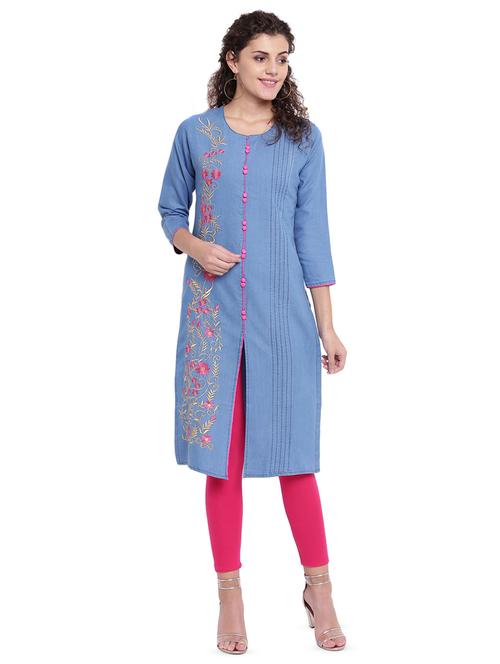 embroidered denim straight kurta - 16702758 - Standard Image - 1