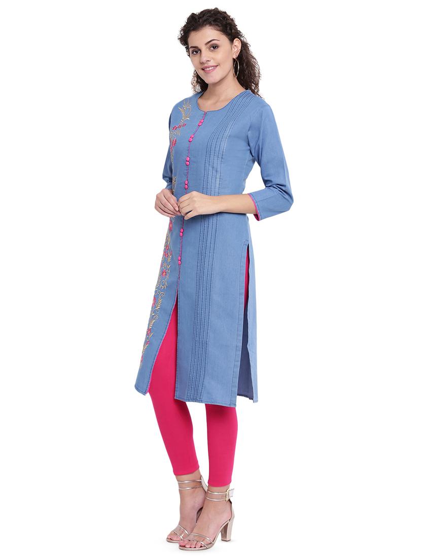embroidered denim straight kurta - 16702758 - Zoom Image - 2