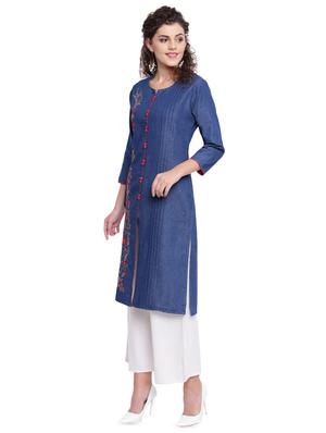embroidered denim straight kurta - 16702759 - Standard Image - 2