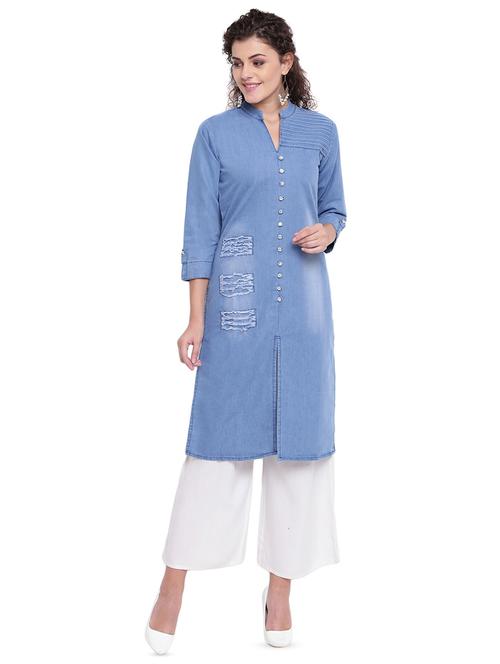solid denim straight kurta - 16702760 - Standard Image - 1