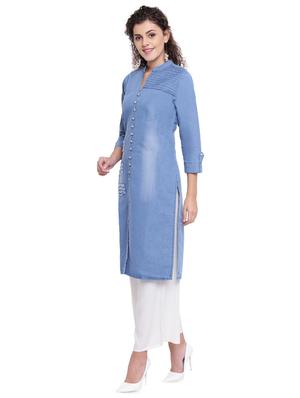 solid denim straight kurta - 16702760 - Standard Image - 2