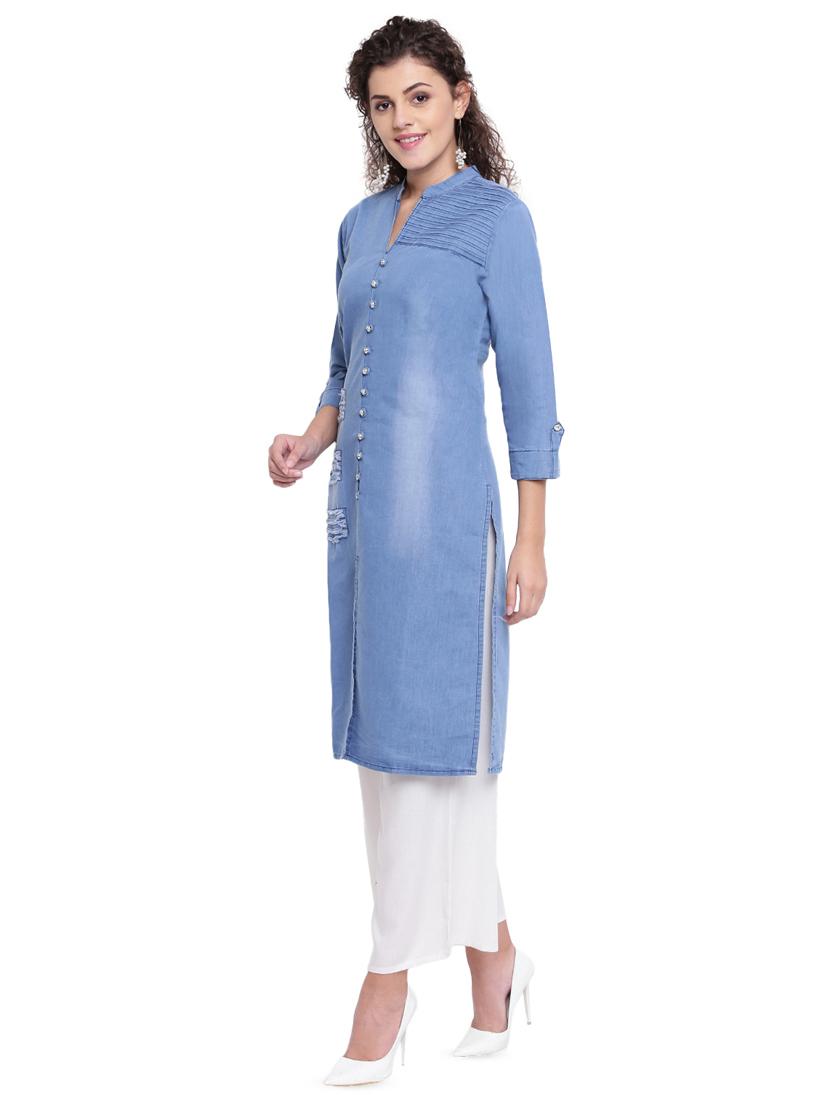solid denim straight kurta - 16702760 - Zoom Image - 2