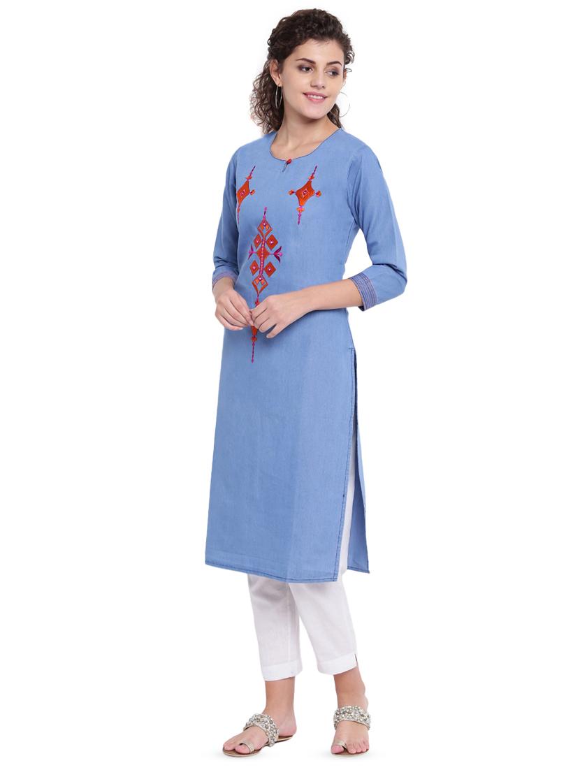 embroidered denim straight kurta - 16702761 - Zoom Image - 2