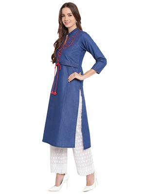 embroidered denim straight kurta - 16702763 - Standard Image - 2