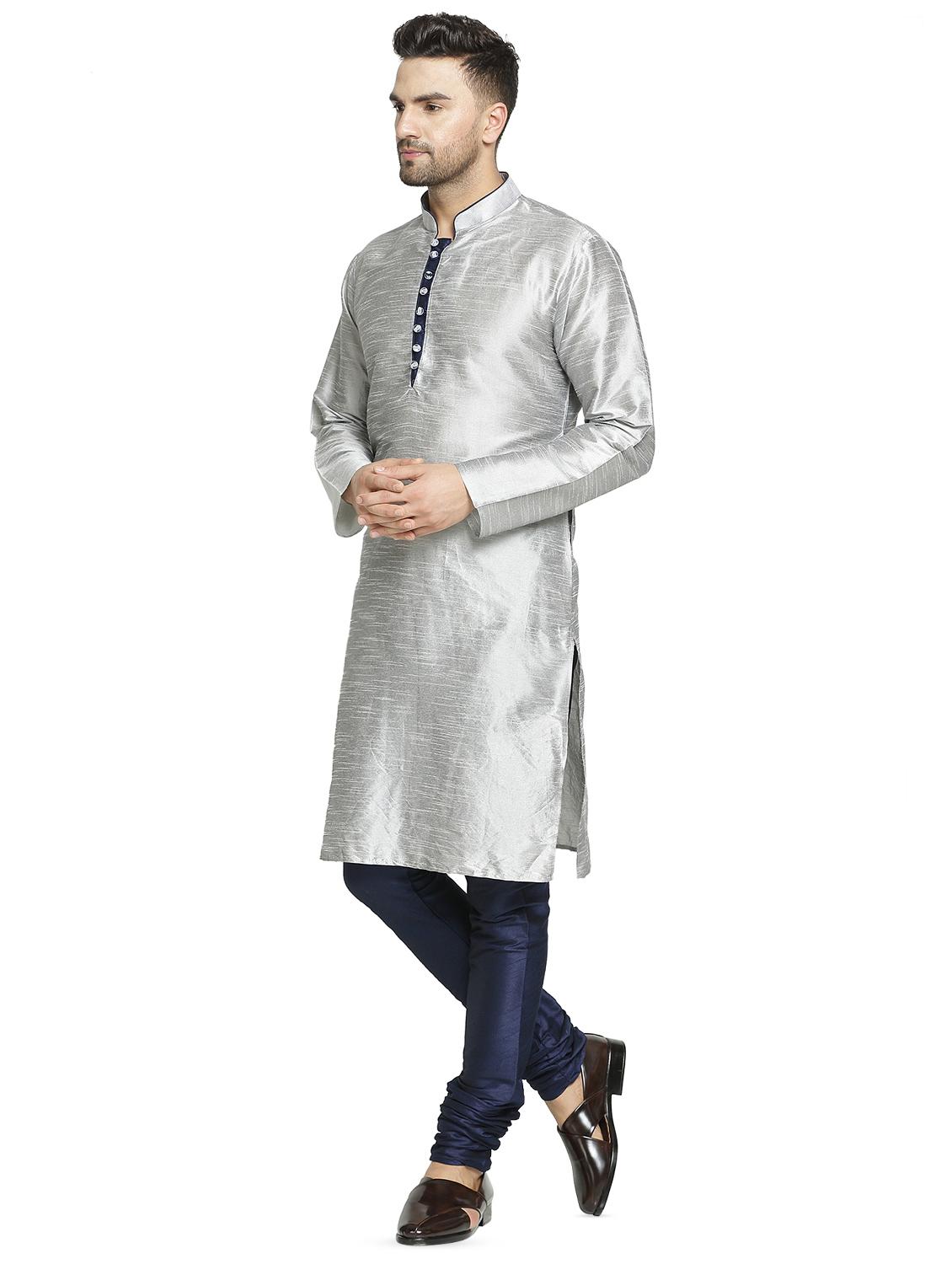 silver solid kurta pyjama set - 16705957 - Zoom Image - 2