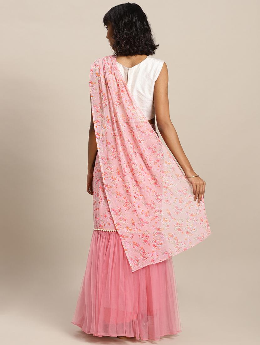 floral printed ruffled saree with blouse - 16711645 - Zoom Image - 2