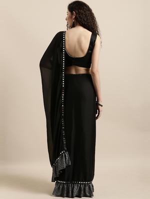 solid fusion ruffled saree with blouse - 16711648 - Standard Image - 2