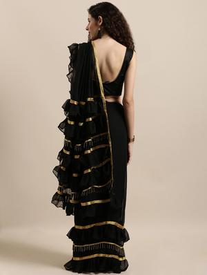 solid fusion ruffled saree with blouse - 16711650 - Standard Image - 2