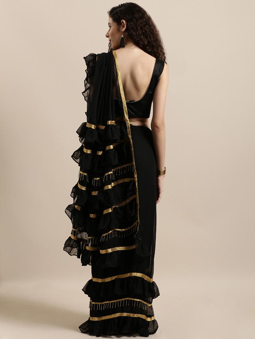solid fusion ruffled saree with blouse - 16711650 - Zoom Image - 2