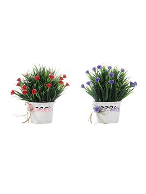 combo of 2 artificial plants with long green leaves, purple and red roses - 16712856 - Standard Image - 2