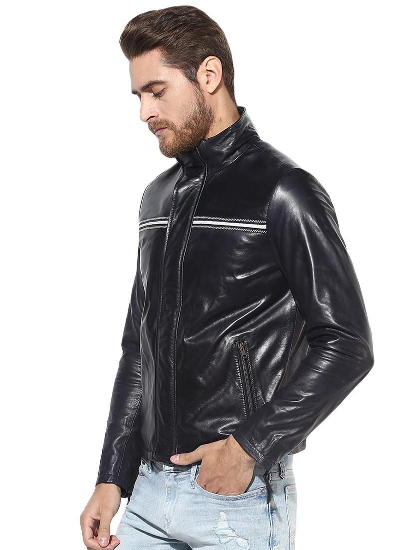 blue solid 100% lamb leather jacket - 16713620 - Zoom Image - 2