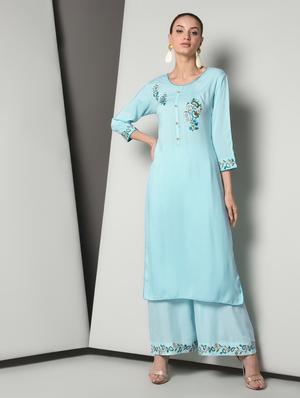 turquoise rayon kurta palazzo set - 16714195 - Standard Image - 2