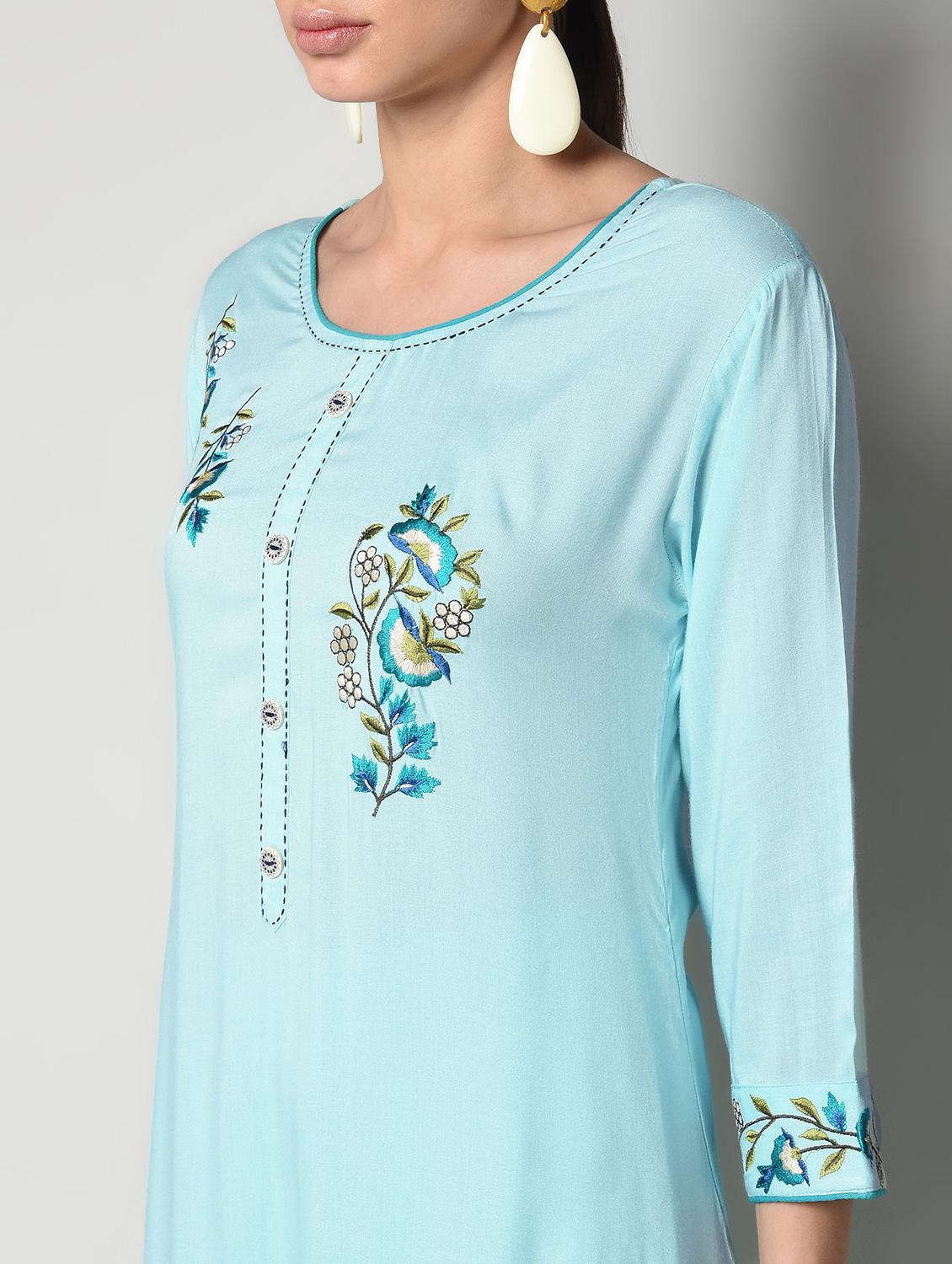 turquoise rayon kurta palazzo set - 16714195 - Zoom Image - 5