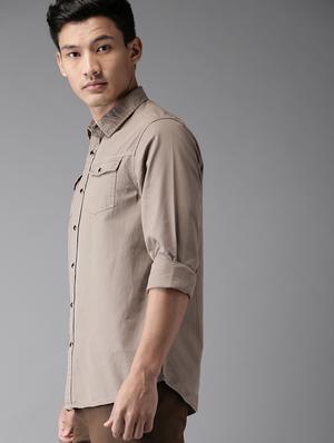 beige solid casual shirt - 16718723 - Standard Image - 2