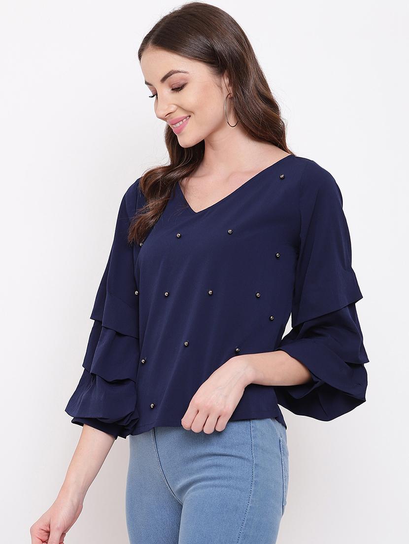 pearl embellished bell sleeved top - 16730604 - Zoom Image - 2