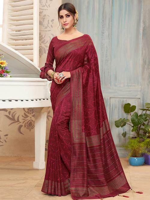 maroon chanderi printed saree with blouse - 16741227 - Very Small Image - 1