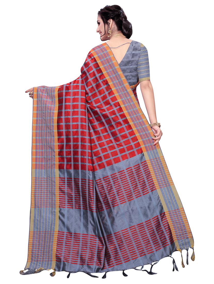 checkered printed saree with blouse - 16741812 - Zoom Image - 2