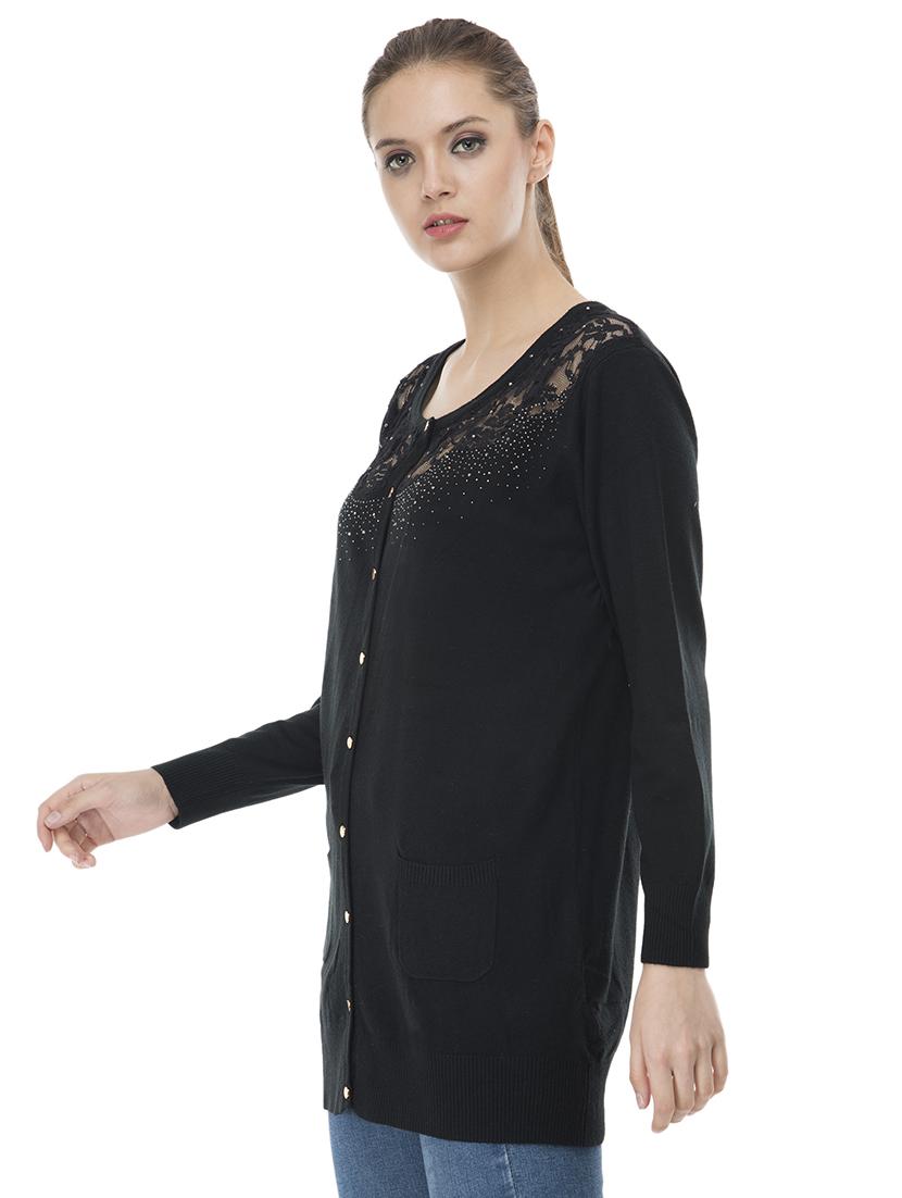 lace panel embellished wool blend cardigan - 16743470 - Zoom Image - 2