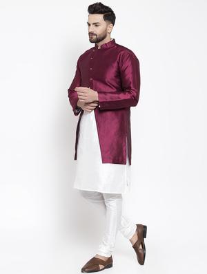 maroon silk blend sherwani set - 16750186 - Standard Image - 2