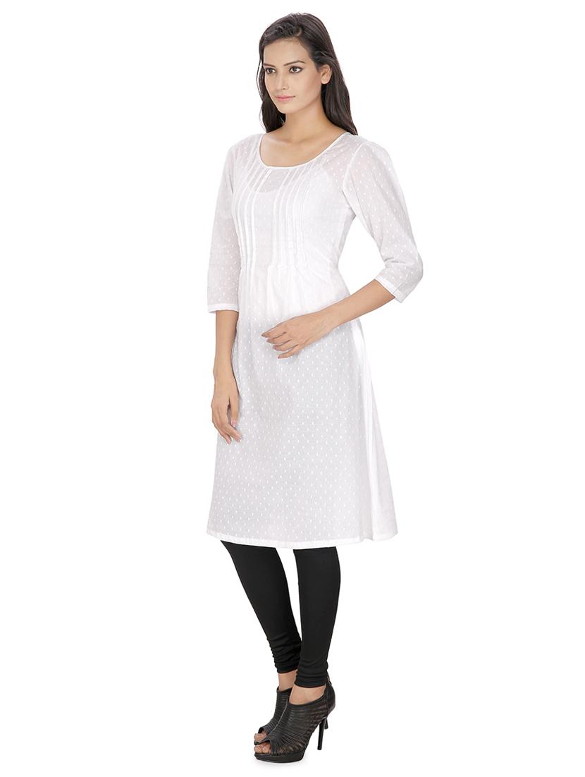 white pintucked dobby straight kurta - 16753086 - Zoom Image - 2