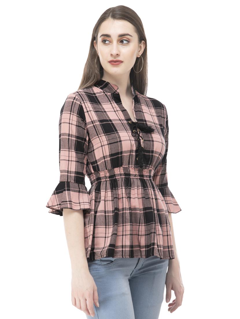 mandarin neck checkered top - 16773833 - Zoom Image - 2