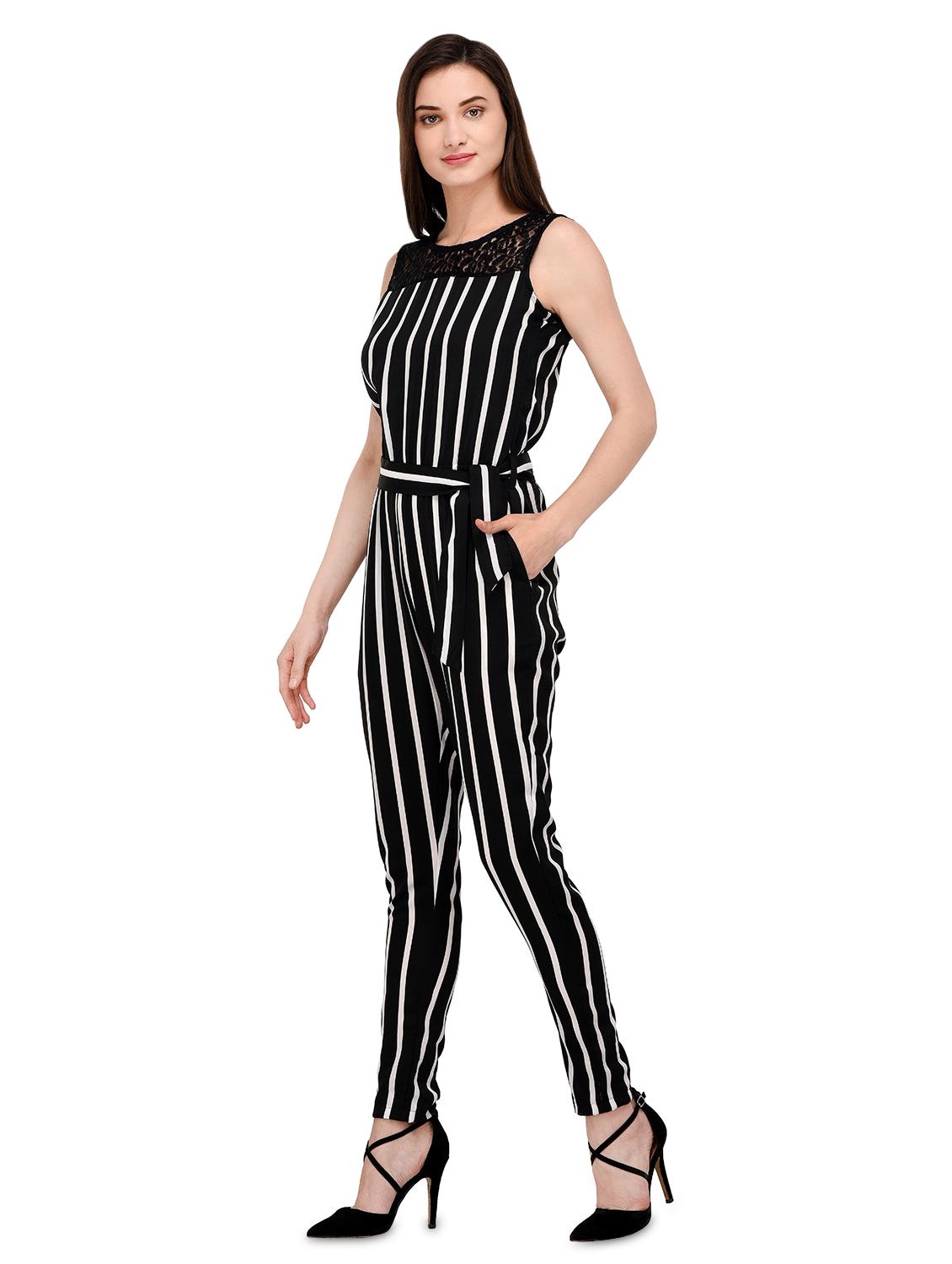 lace detail striped full leg jumpsuit - 16780546 - Zoom Image - 2