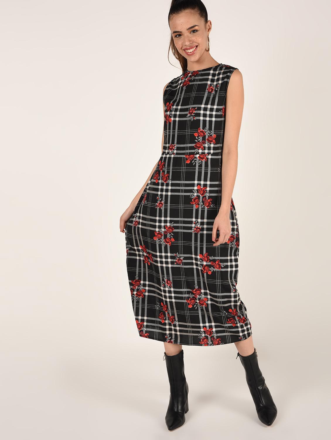 round neck checkered midi dress - 16802278 - Zoom Image - 2