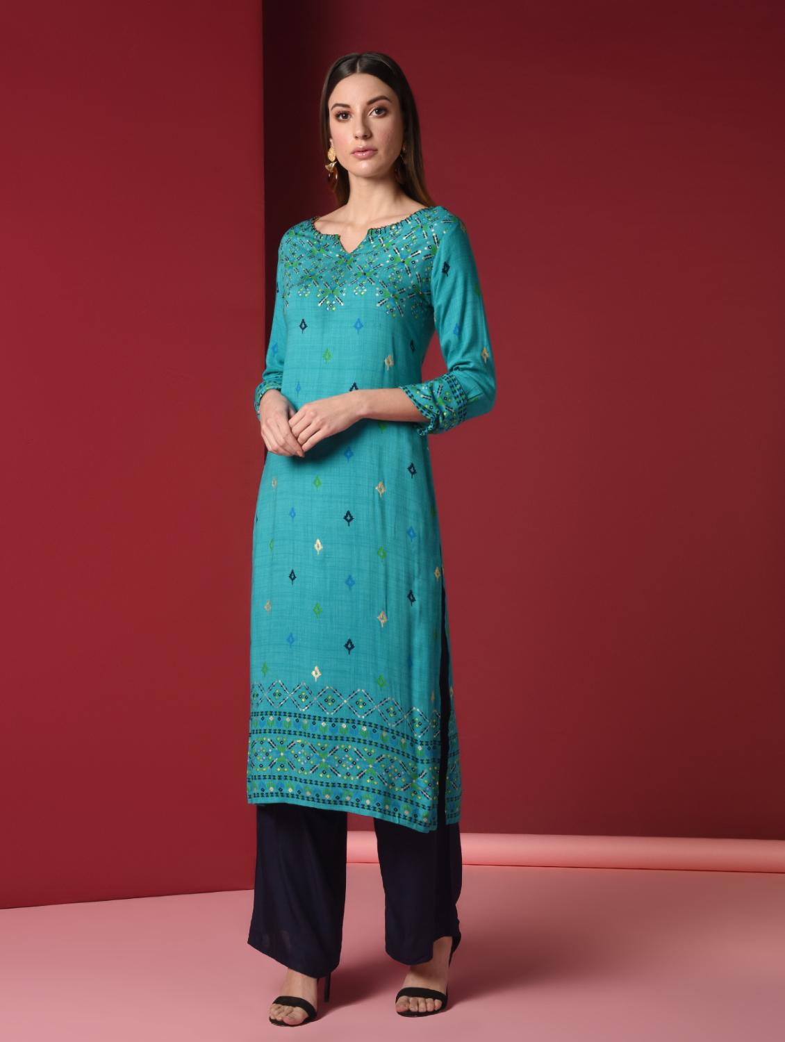 ikat print kurta palazzo set - 16816495 - Zoom Image - 2