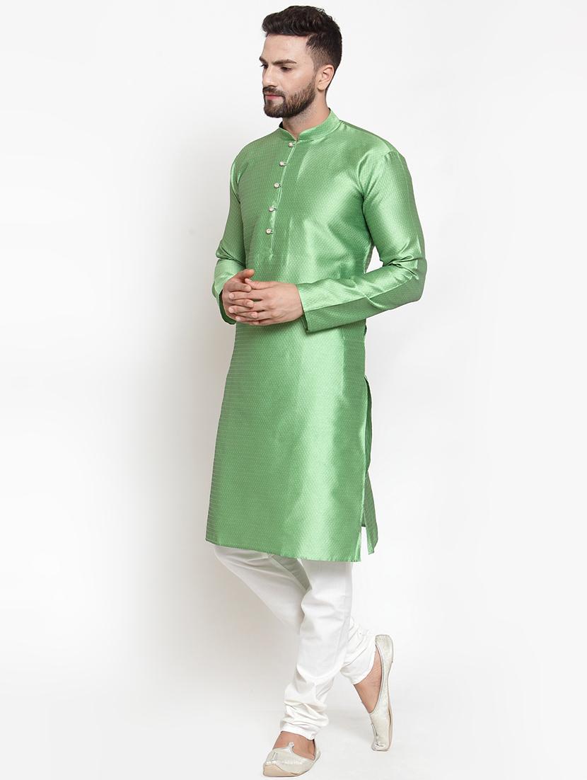 green silk blend jacquard kurta pyjama set - 16825030 - Zoom Image - 2