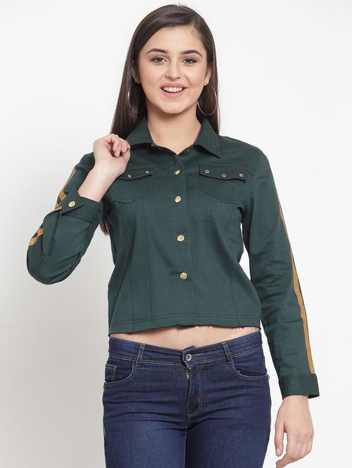 metallic tape cropped denim jacket - 16830234 - Standard Image - 1