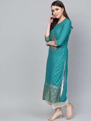 teal rayon kurta palazzo set - 16842889 - Standard Image - 2