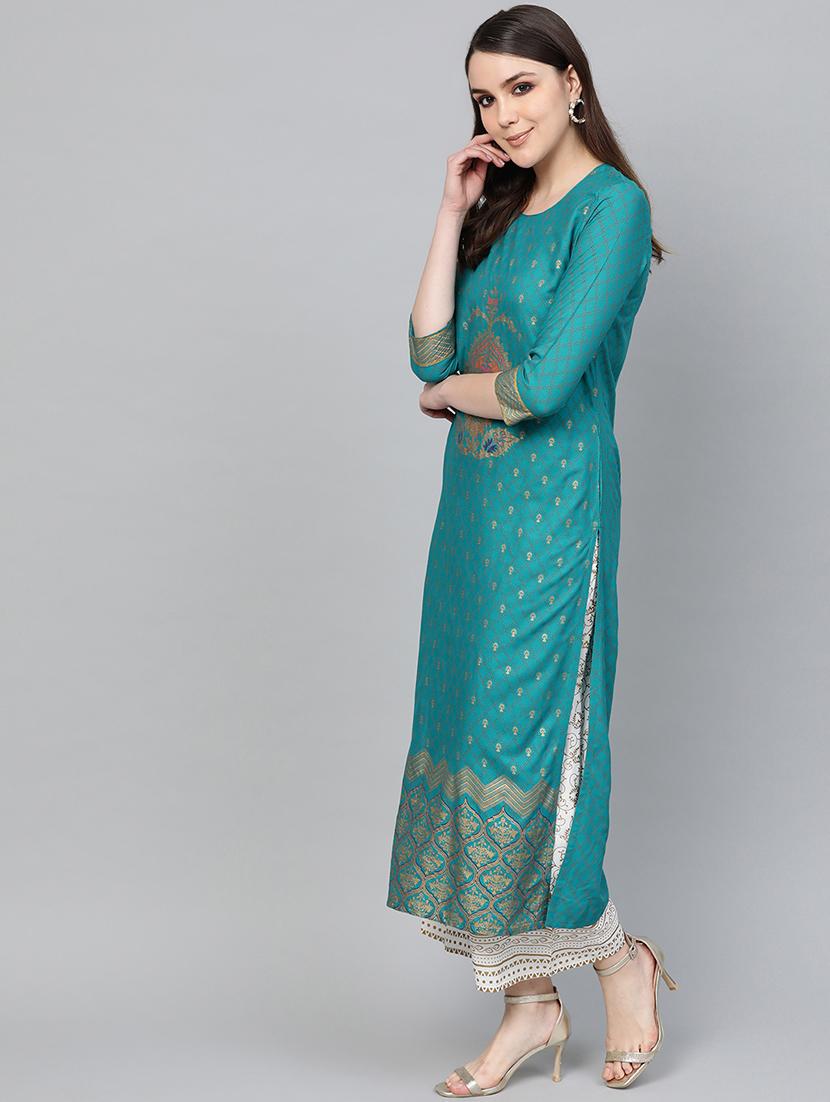 teal rayon kurta palazzo set - 16842889 - Zoom Image - 2